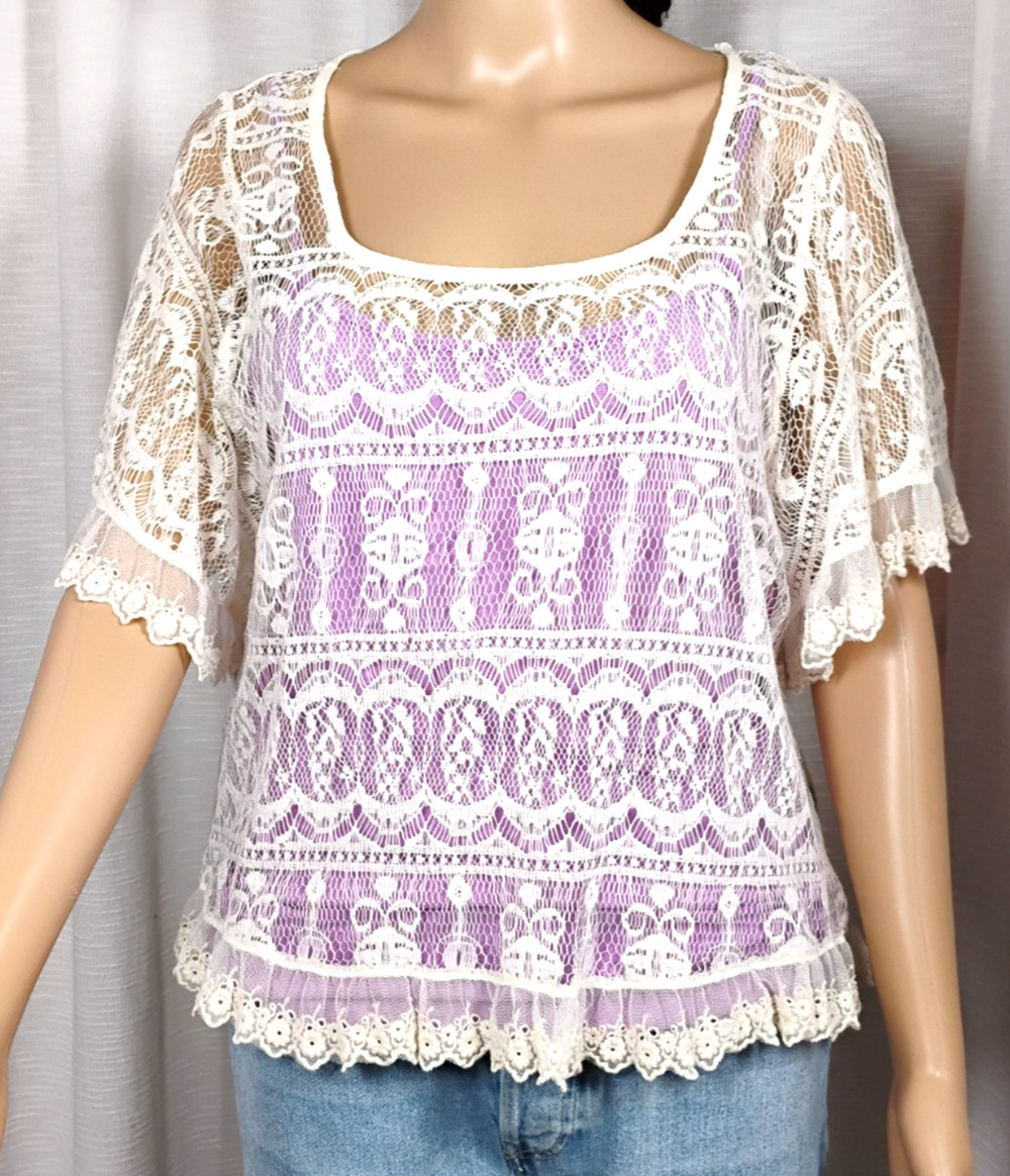 Sheer Lace Flutter Sleeve Top Ruffle Hem Fairycore Boho Medium